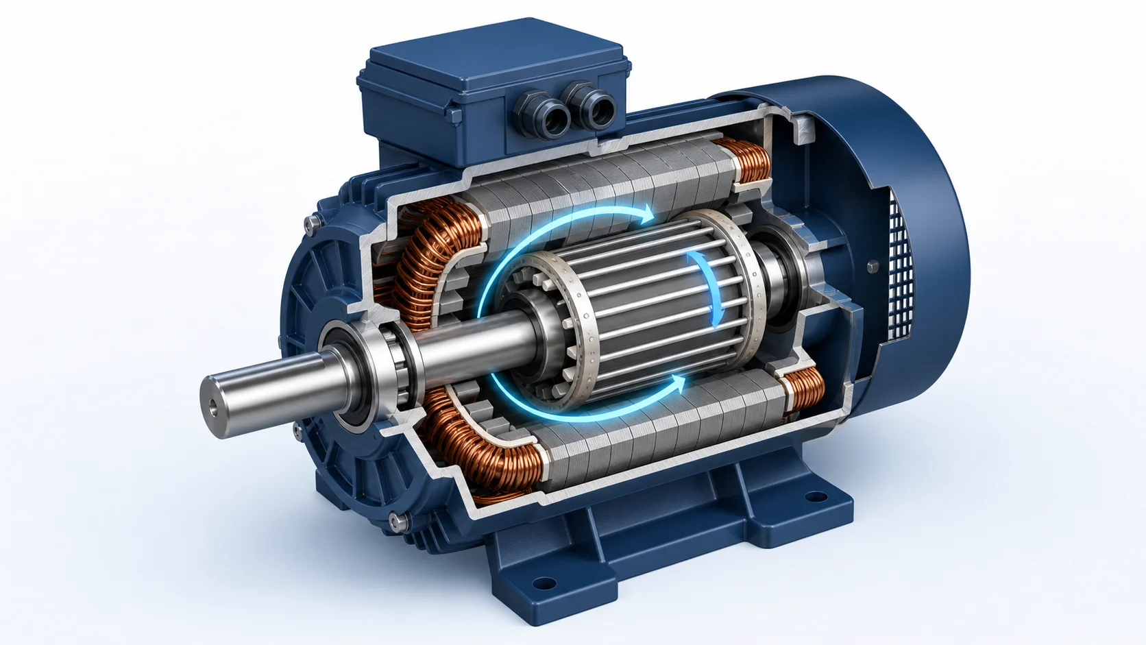 Cutaway illustration of an AC induction motor showing stator windings, squirrel-cage rotor and rotating magnetic field