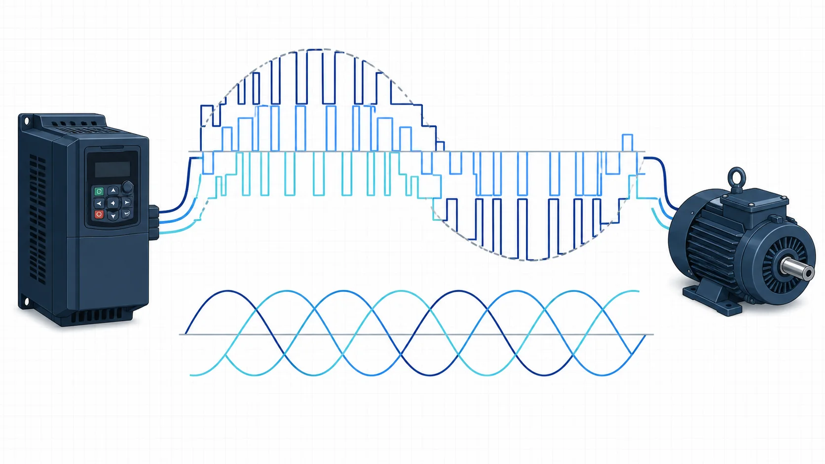 Illustration comparing pulse width modulated VFD output voltage with smoother three-phase motor current