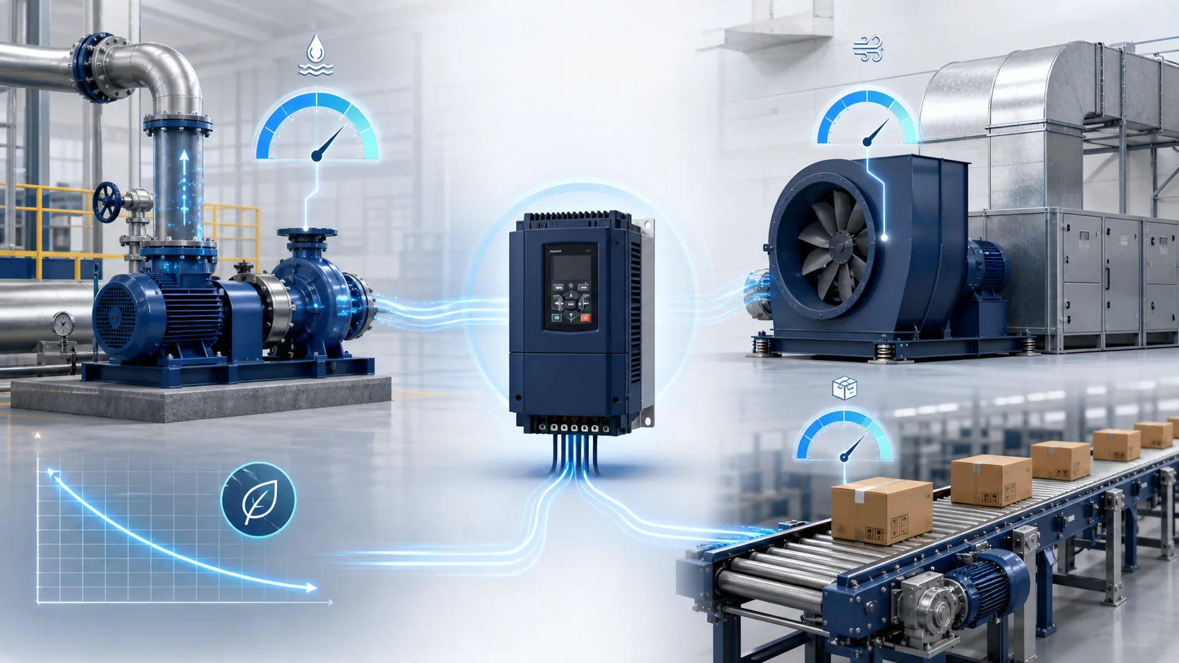 Industrial VFD connected to a water pump, HVAC fan and conveyor applications