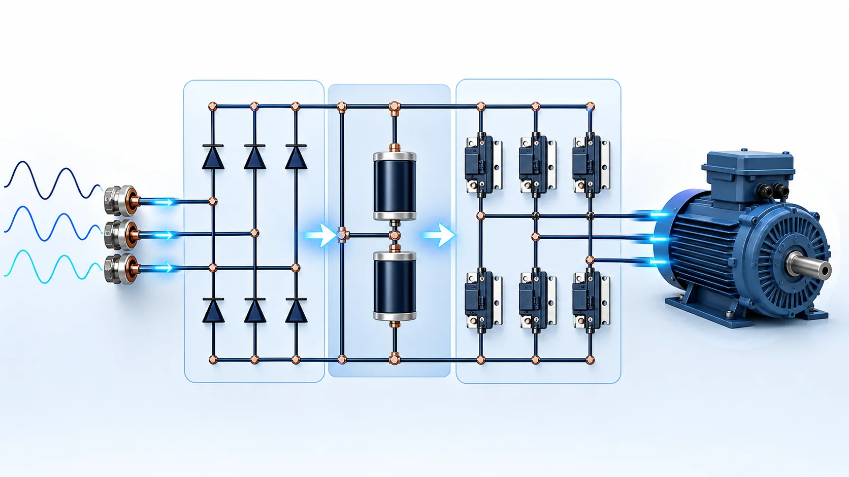 Technical illustration of three-phase AC passing through a rectifier, DC-link capacitors and IGBT inverter to an induction motor