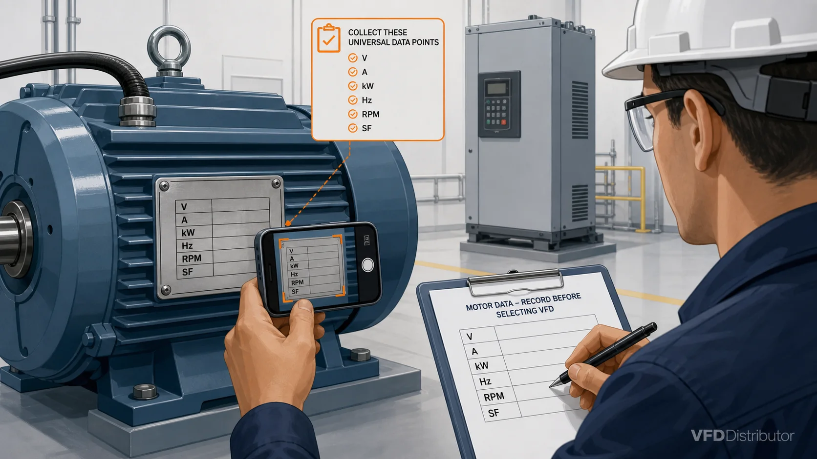 Technician reading motor nameplate data before selecting a VFD