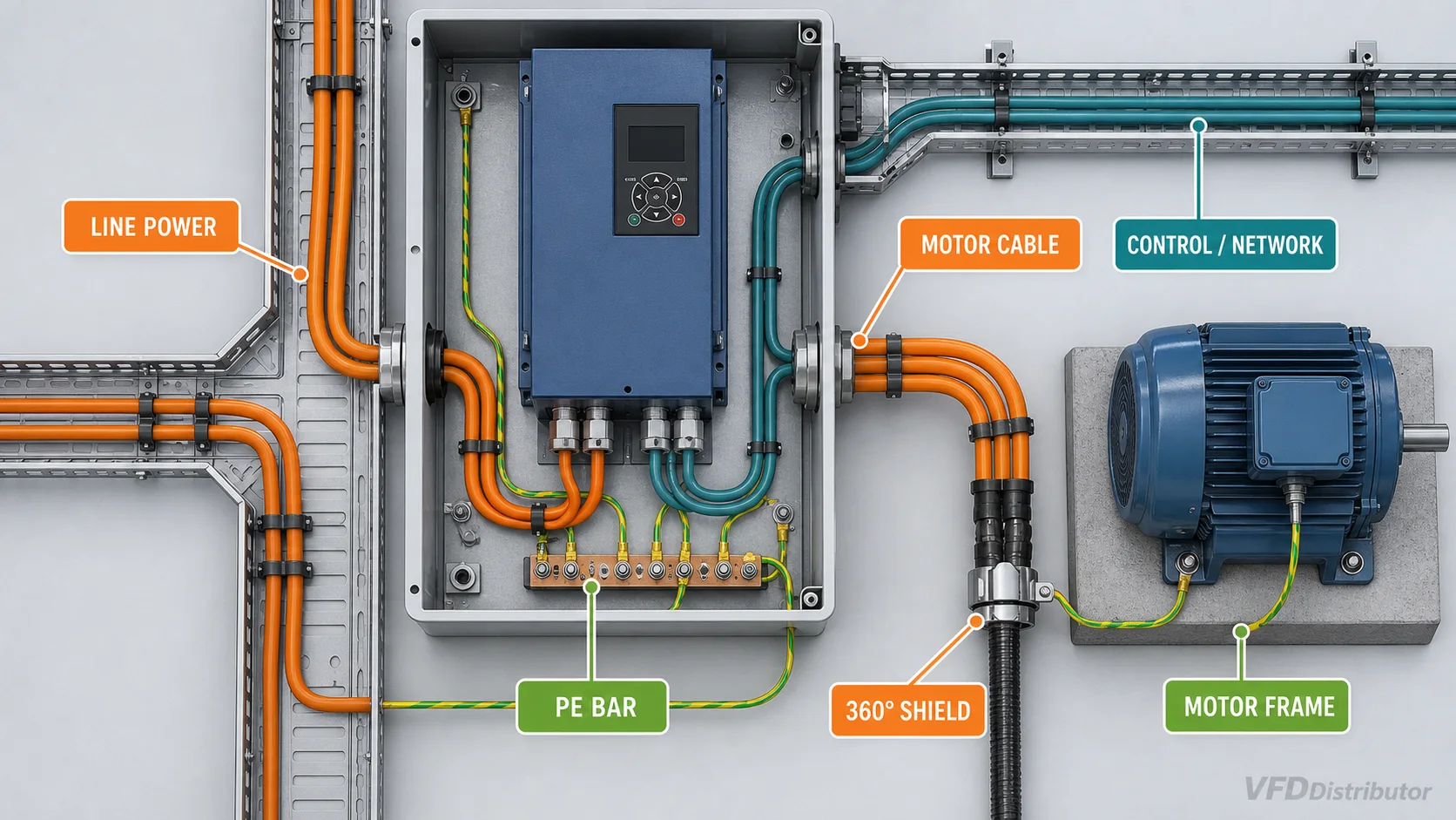 Recommended separation, shielding and grounding layout for VFD power and signal cables
