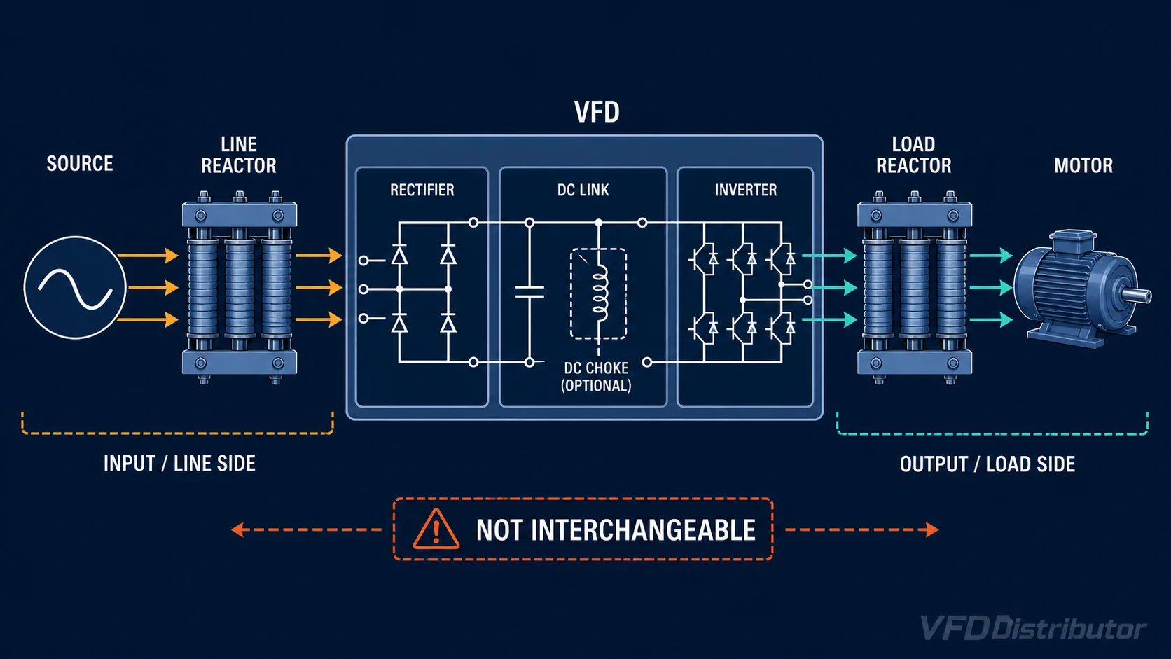 Correct placement of a line reactor, DC choke and load reactor in a VFD system