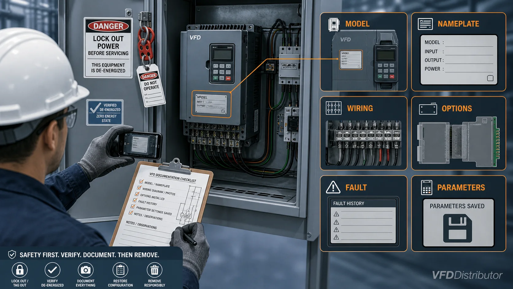 Technician documenting a legacy drive nameplate, terminals, options and parameters